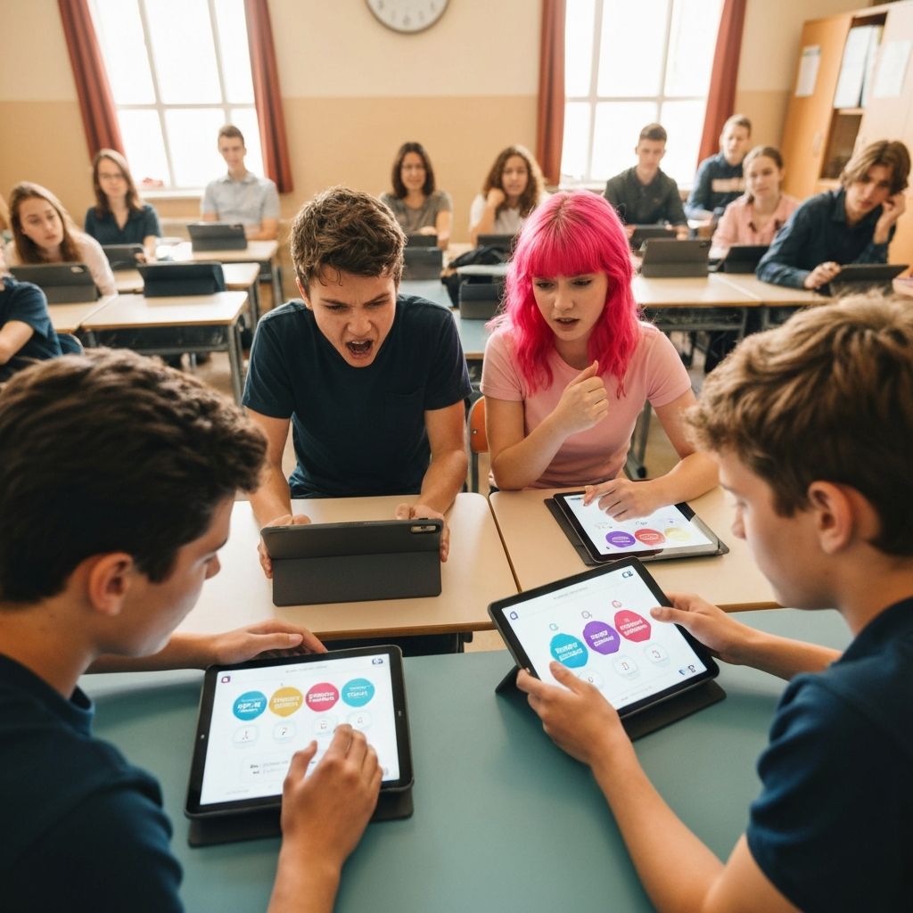 Students competing in quiz battle with tablets